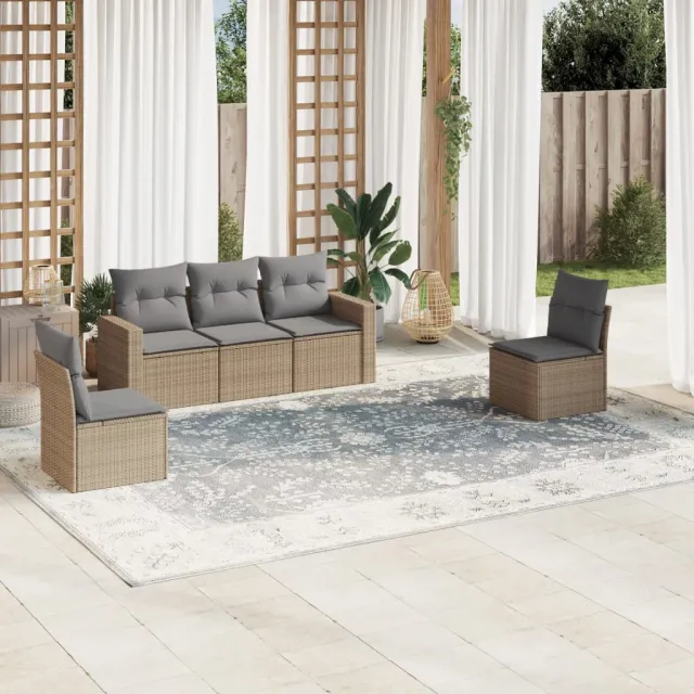 vidaXL 5-delige Loungeset met kussens poly rattan beige, foto 2