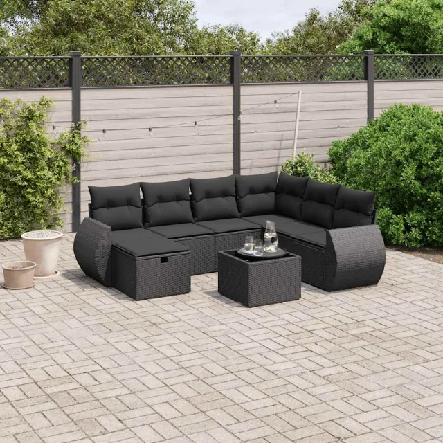 vidaXL 8-delige Loungeset met kussens poly rattan zwart, foto 2