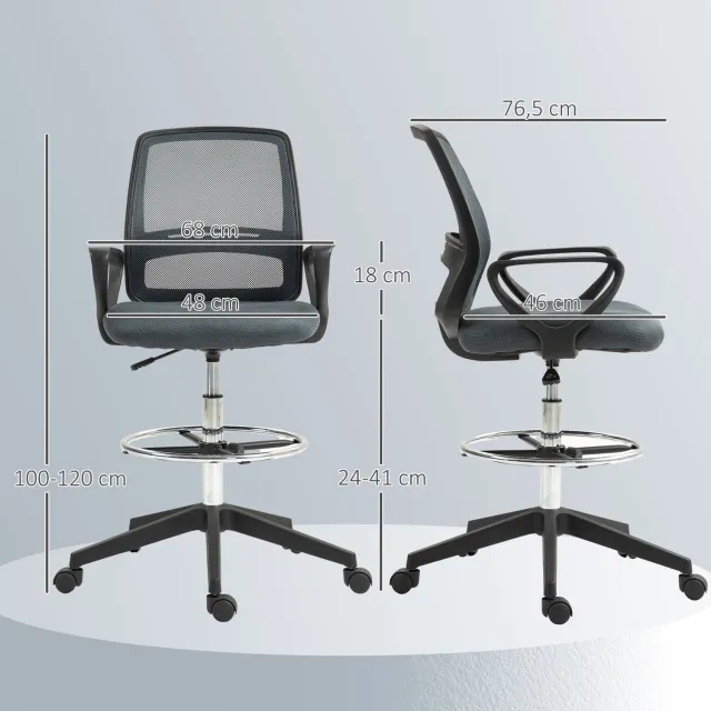 Vinona Ergonomische bureaustoel - Met voetensteun en armleuningen - In hoogte verstelbaar - 68 x 66 x 100-120 cm - Grijs