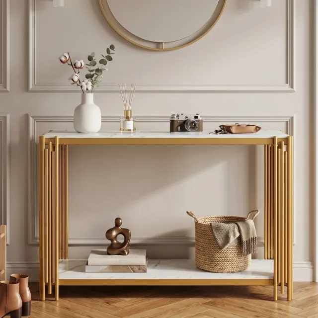 STILVORA Sidetable - Console Tafel Met 2 Planken In Marmerlook - Modern Voor Hal, Woonkamer En Slaapkamer - MDF En Metaal - Goud En Wit - 123,5x33,5x80 Cm Goud+Wit