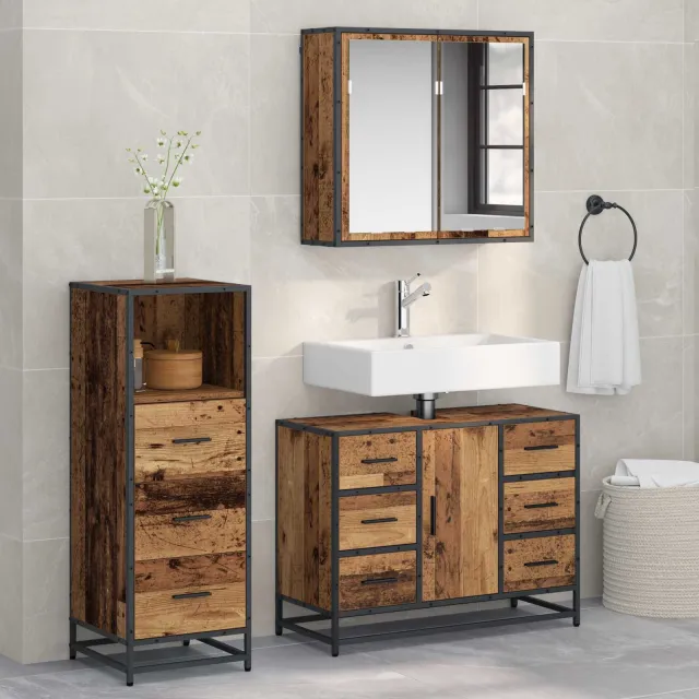 vidaXL Badkamermeubelset 3 st Oud Hout 80 x 33 x 60 cm Bewerkt hout bruin, foto 2