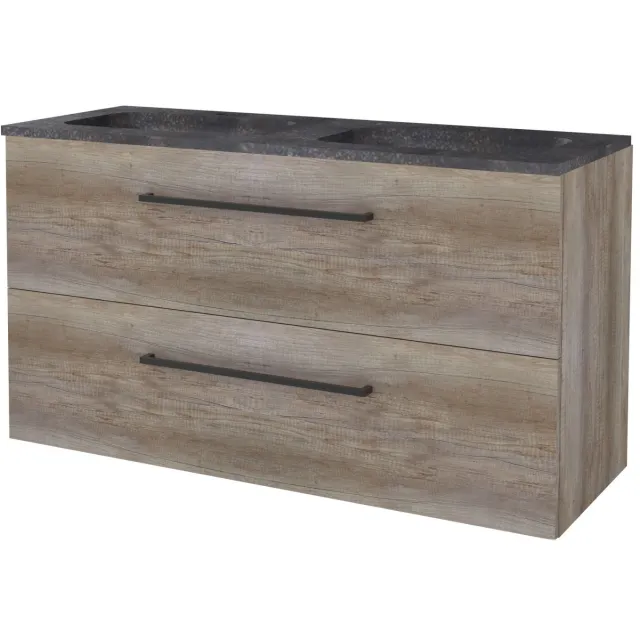 Boss & Wessing Badmeubelset BWS Salt 120x46cm Met Grepen 2 Lades Met Wastafel Hardsteen 2 Kraangaten Scotch Oak Bruin