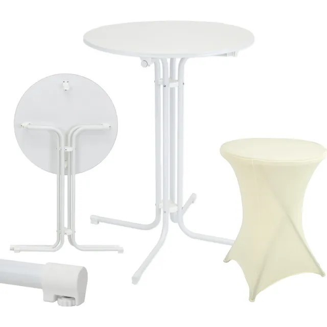 TRUTZHOLM Statafel met tafelhoes - Opvouwbaar - Diameter 80 cm - Hoogte 110 cm - Witte tafel - Beige strijkvrije hoes - Draagvermogen 50 kg