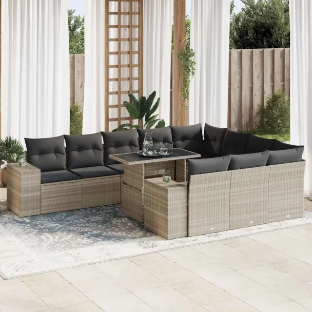 vidaXL 11-delige Loungeset met kussens poly rattan lichtgrijs grijs, foto 2