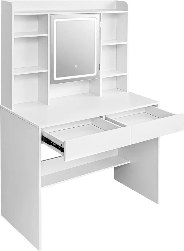 xDays Luxe Kaptafel Met Spiegel en LED Verlichting - Moderne Make up Tafel - 145x90x40cm - 2 lades en 9 vakken Wit