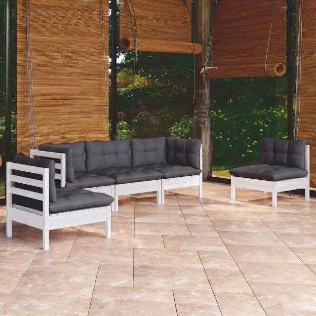 vidaXL 5-delige Loungeset met kussens massief grenenhout wit, foto 2