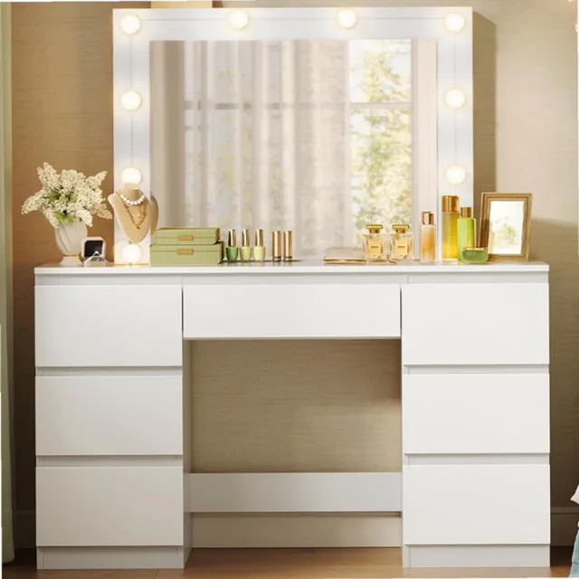 Sierra , kaptafel met LED-verlichting, make-uptafel met spiegel, kaptafel met 7 laden, instelbare helderheid, gemaakt van hout, 107x140,5x39,5 cm, modern, wit Geel