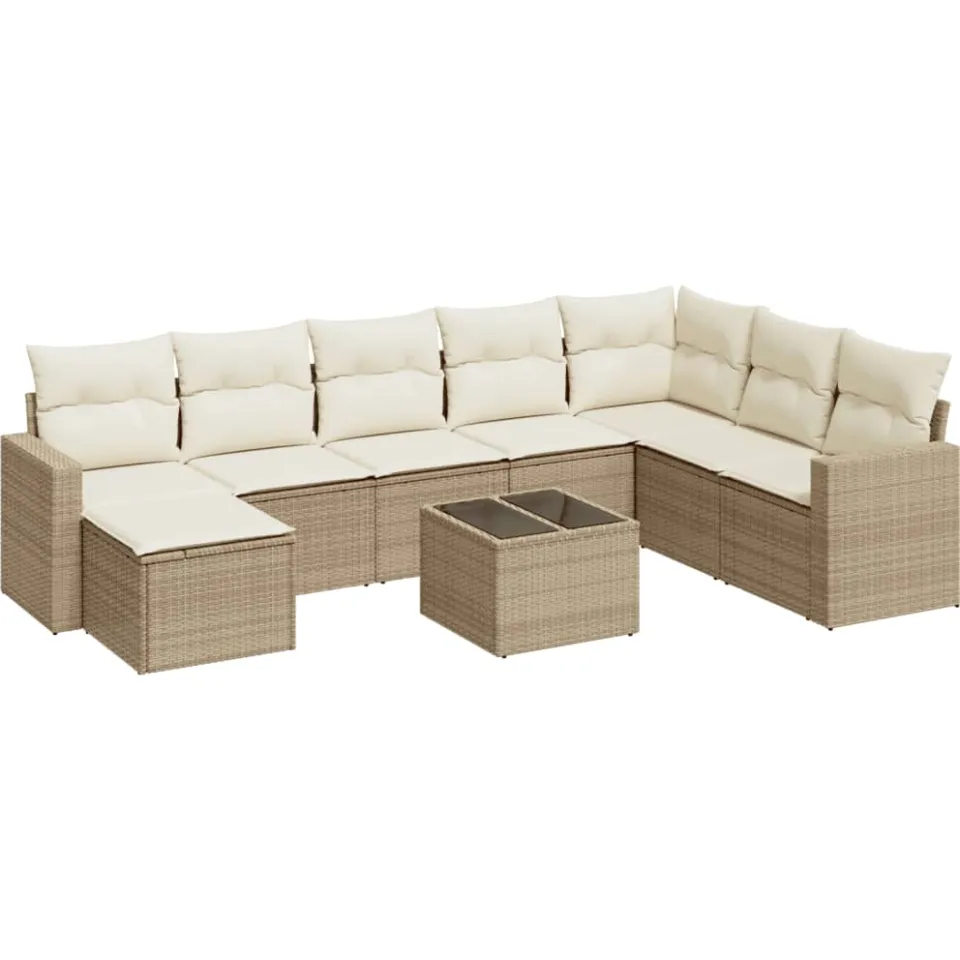 vidaXL 9-delige Loungeset met kussens poly rattan beige, foto 3