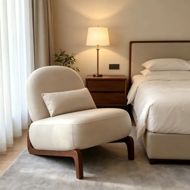 HAUSS SPOLE Fauteuil - Stoel Zonder Armleuningen Met Zachte Zitting En Houten Poten - Voor Woonkamer, Slaapkamer En Leeshoek - Stof - Kameelbruin Crème
