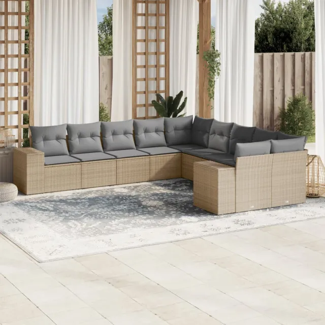 vidaXL 10-delige Loungeset met kussens poly rattan beige, foto 2