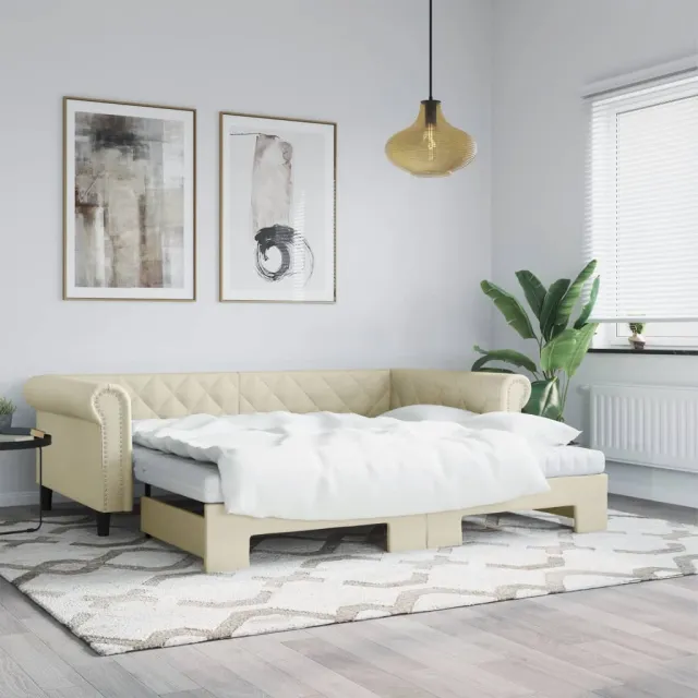 vidaXL Slaapbank met onderschuifbed 90x200 cm kunstleer crèmekleurig