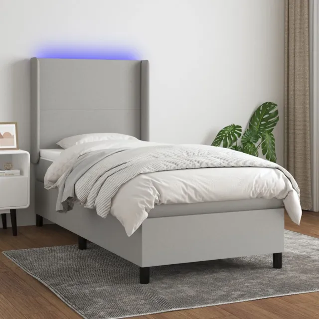 vidaXL Boxspring met matras en LED stof lichtgrijs 90x200 cm grijs