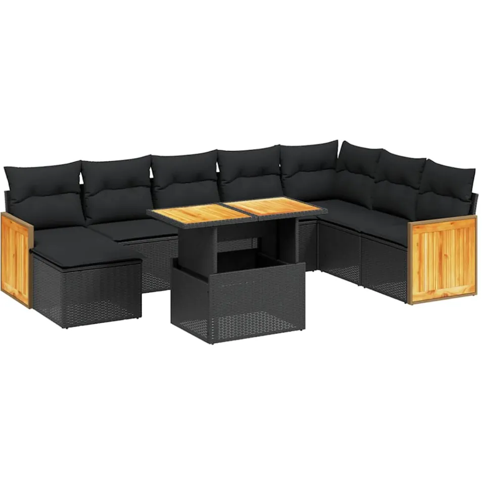 vidaXL 9-delige Loungeset met kussens poly rattan zwart