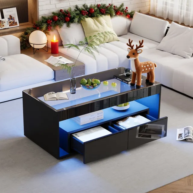 REDOM LED-salontafel, 16-kleurig met afstandsbediening en 4 dynamische modi, hoogglans zwart, gehard glas, 2 lades, 100x50x40 cm