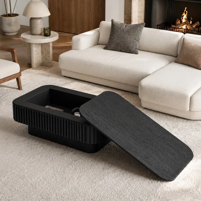 MODFU Salontafel - Geribbelde Structuur - Verborgen Opbergruimte - Zwart - 98 X 60 X 35 Cm