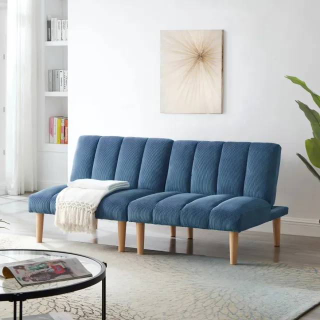 MEUNIQ 2-zits slaapbank 167 cm met 3-voudig verstelbare rugleuning, corduroy bekleding, houten poten, blauw, voor woonkamer of thuiskantoor