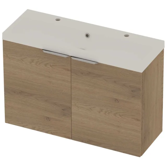 Basic-Line Pretty 36 Badmeubelset Polystone 2 Kraangaten Voor Grepen 100x36x70 cm Pure Oak Mat Wit