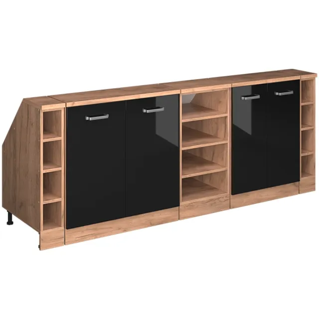 Vicco R-Line Keukenkast voor schuine wand – 210 cm Set van 5 kastrompen 60 cm diepte Zwart hoogglans Zwart hoogglans/Goudkleurig Eiken