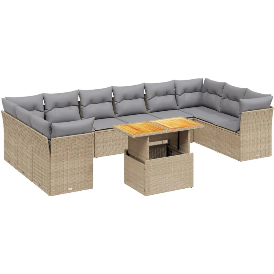 vidaXL 11-delige Tuinset met kussens poly rattan beige, foto 3
