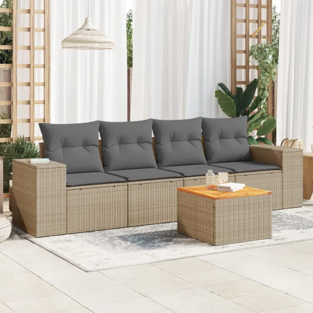 vidaXL 5-delige Loungeset met kussens poly rattan beige, foto 2