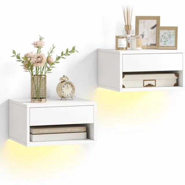 DeltaMerch Nachtkastjes - Zwevend Nachtkastje - Set van 2 - Incl. LED-verlichting - Bediening via app - 37x32x31 cm - Wit