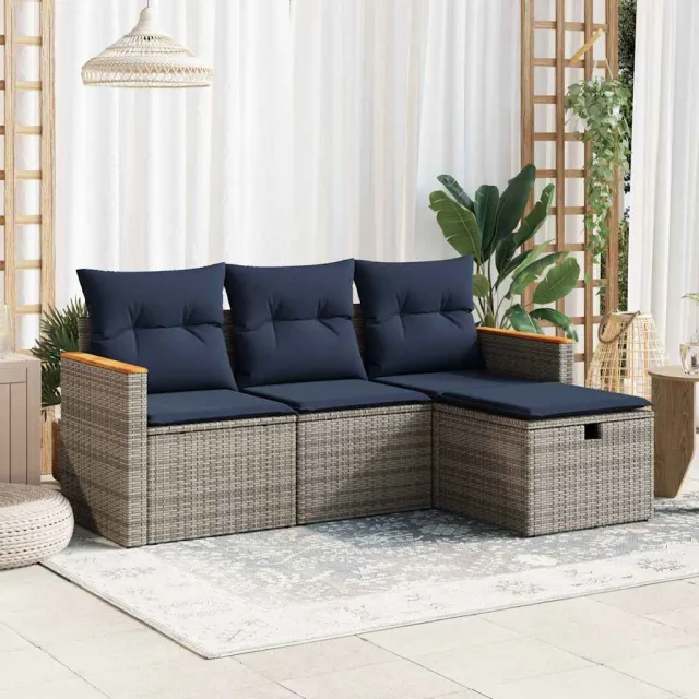 vidaXL 4-delige Loungeset met kussens poly rattan grijs, foto 2