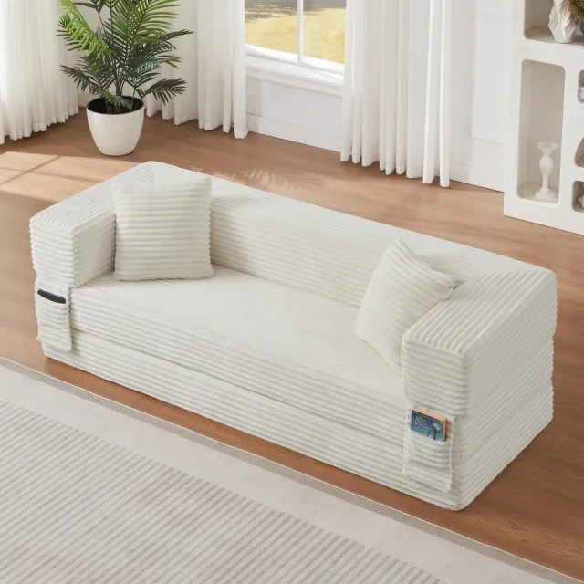 REDOM Slaapbank - Klassiek vierkant ontwerp - Omvormbaar tot tweepersoonsbed - Modern en compact - Voor in de woonkamer - Schuim - Wit - 200 x 76 x 60 cm