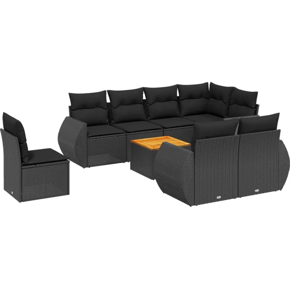 vidaXL 9-delige Loungeset met kussens poly rattan zwart, foto 3