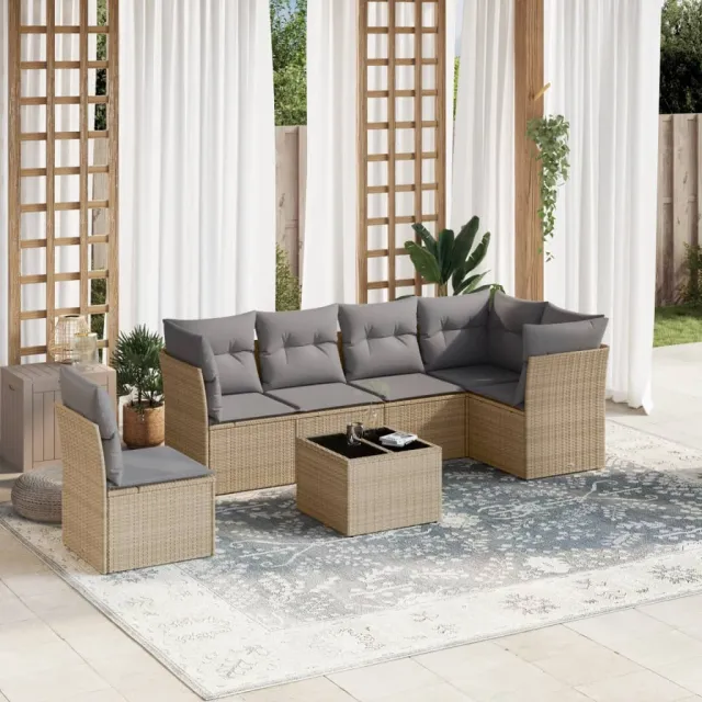 vidaXL 7-delige Loungeset met kussens poly rattan beige, foto 2