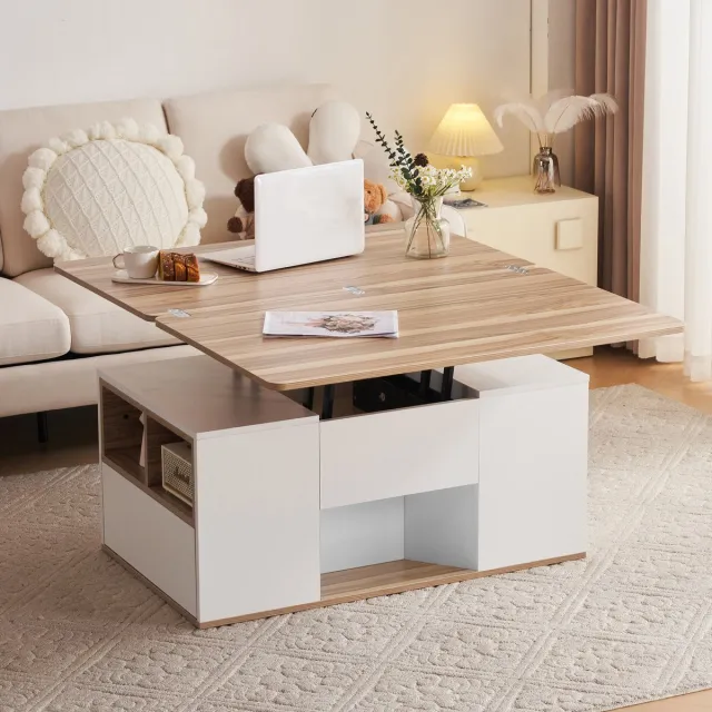 Wishdor Dubbele Lift-Top Salontafel 100x51 cm - Tweedelig Uitschuifbaar Blad & Push-to-Open Lades - Wit / Eikenhout Look