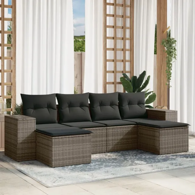 vidaXL 6-delige Loungeset met kussens poly rattan grijs, foto 2