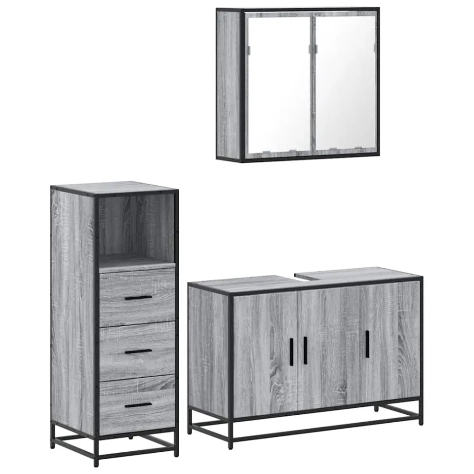 vidaXL 3-delige Badkamermeubelset bewerkt hout grijs sonoma eikenkleur, foto 3
