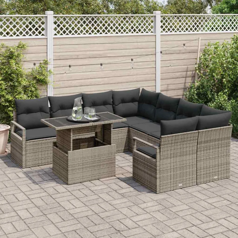 vidaXL Tuin Sofa Set 9 st Grijs Poly riet, foto 3