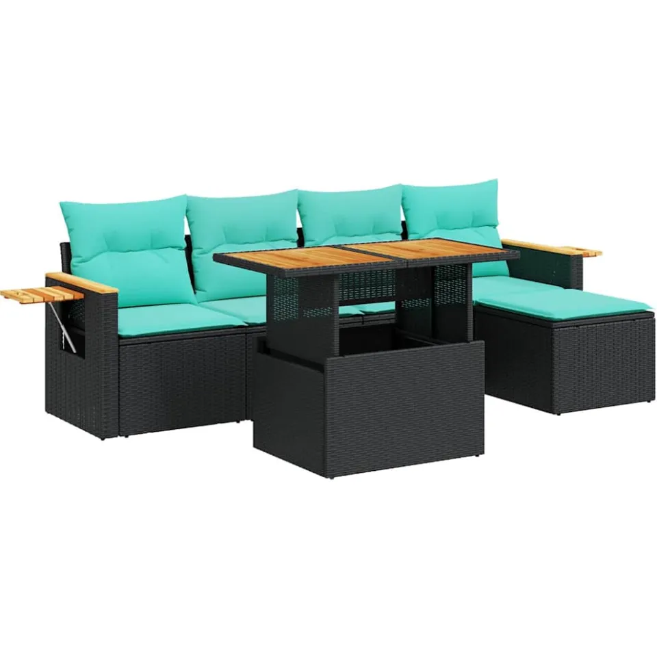 vidaXL 6-delige Loungeset met kussens poly rattan acacia zwart, foto 3