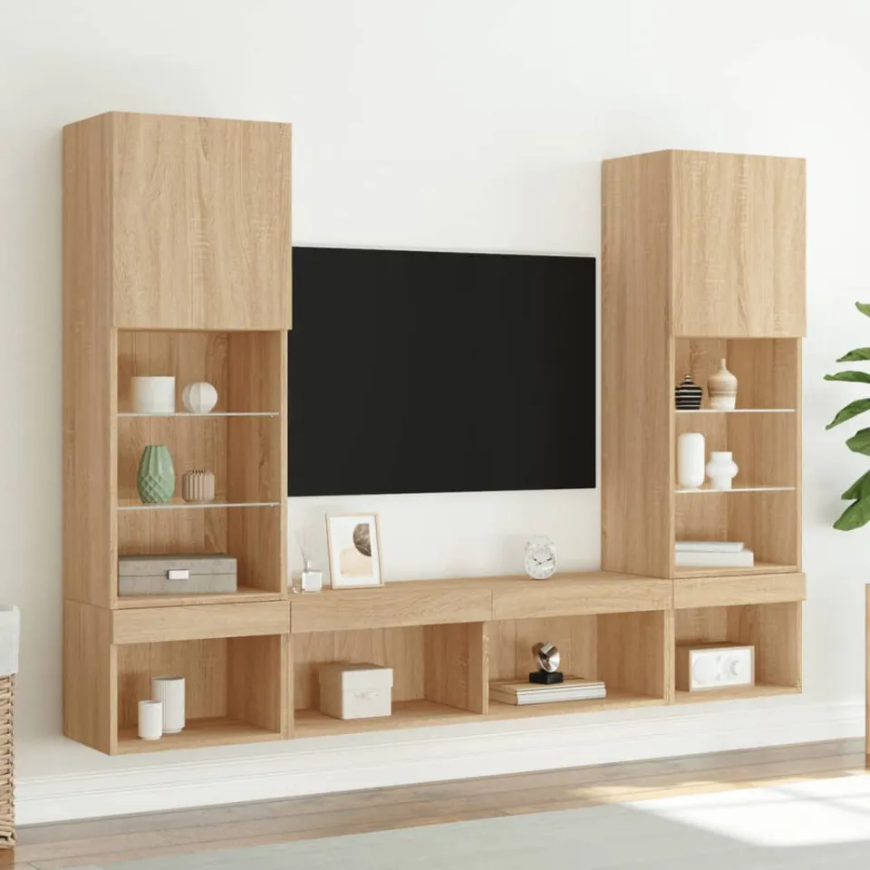 vidaXL 5-delige Tv-wandmeubelset met LED bewerkt hout sonoma eiken, foto 3