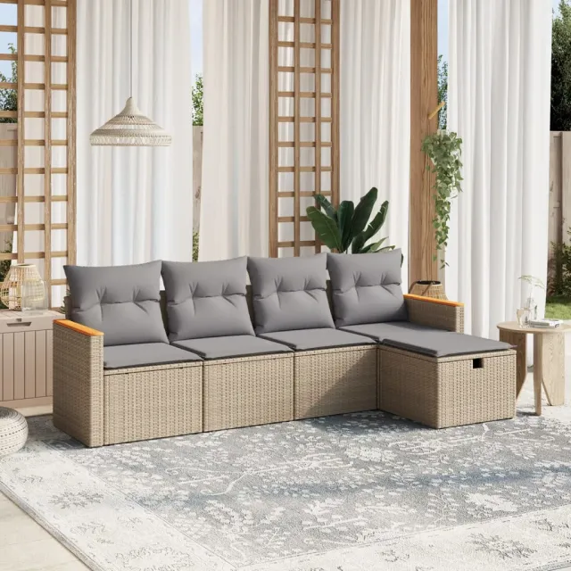 vidaXL 5-delige Loungeset met kussens poly rattan gemengd beige, foto 2