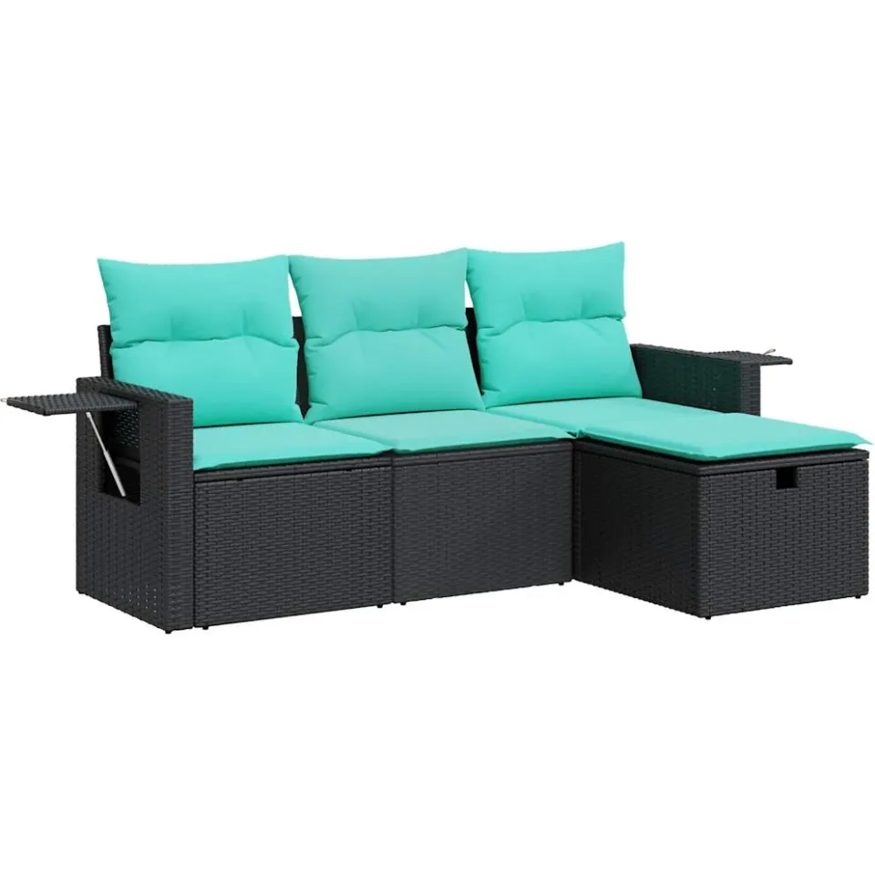 vidaXL 4-delige Loungeset met kussens poly rattan zwart, foto 3