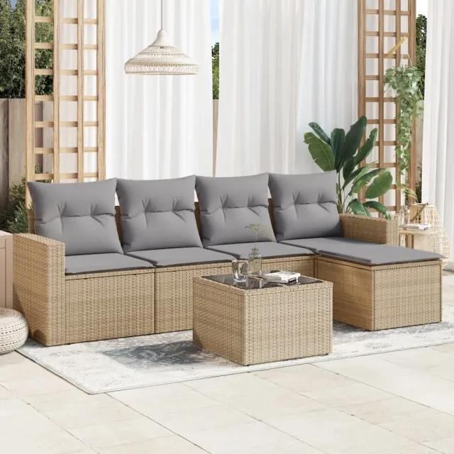 vidaXL 6-delige Loungeset met kussens poly rattan beige