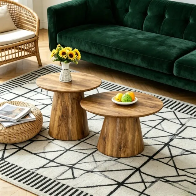 Clruro Salontafel Set - 2-Delig Ronde Houten Tafels met Natuurlijke Houtstructuur - Modern Design - Hout - Naturel