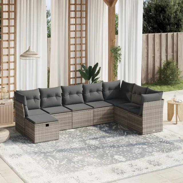 vidaXL 8-delige Loungeset met kussens poly rattan lichtgrijs grijs, foto 2
