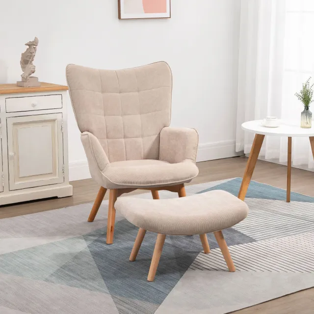 MODENUIT Oorfauteuil met Hocker 72 x 80 x 101 cm - Gestoffeerd - Woonkamer - Ribstof en Hout - Beige