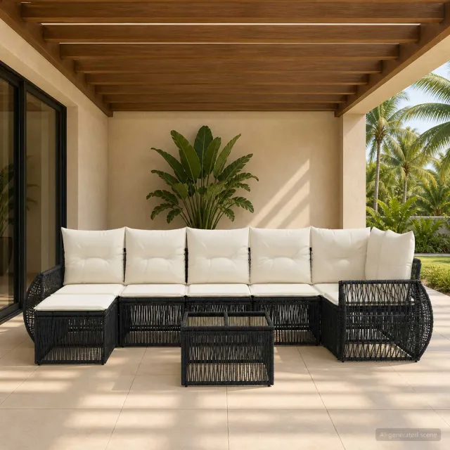 vidaXL Tuinbankenset 8 st Zwart en Cream Wit poly rattan, foto 2