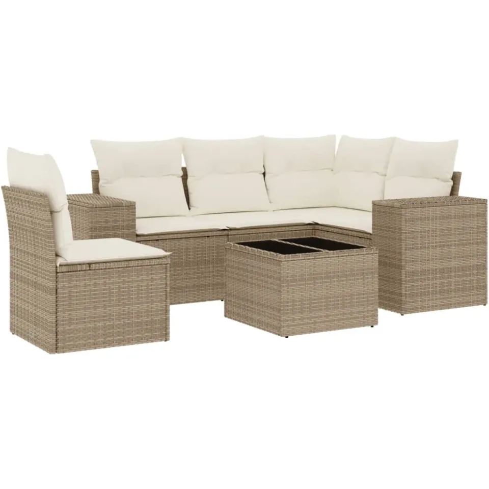 vidaXL 6-delige Loungeset met kussens poly rattan beige, foto 3