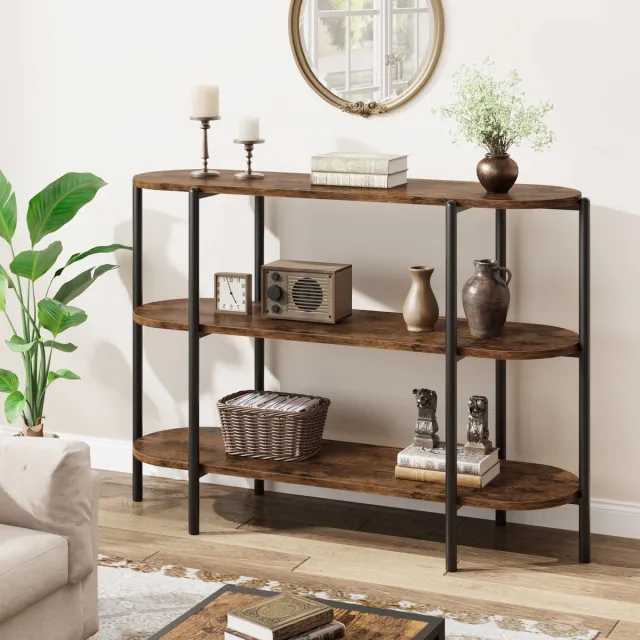 Triumpunpre Ovale Consoletafel 3 Lagen - 120x34x75cm - Banktafel met Metalen Frame - Sidetable - 90kg Draagvermogen - Voor Hal En Woonkamer - Bruin