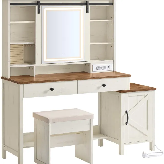 Vasagle Kaptafel - Make up Tafel - Kaptafel met Spiegel en Verlichting - Inclusief Krukje - Met Oplaadstation en Sieradenopslag Wit-Bruin