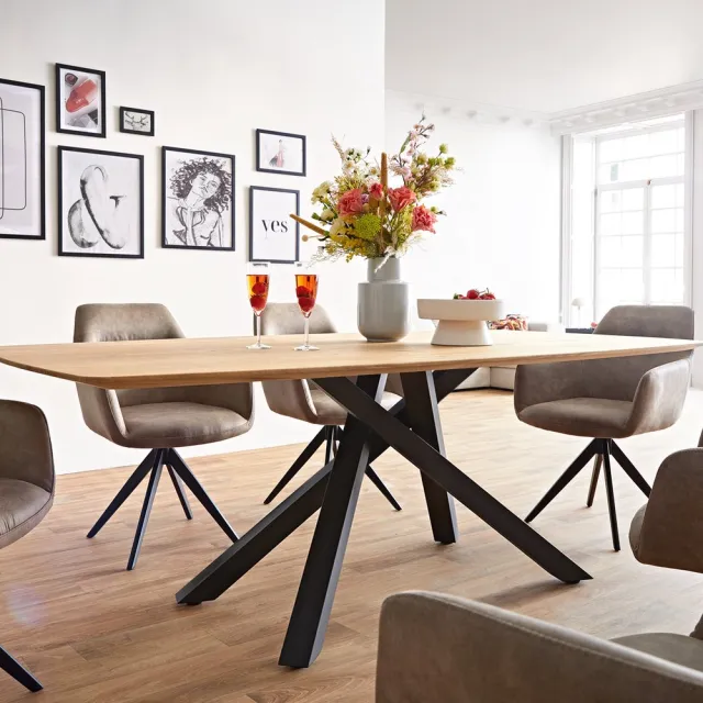 DELIFE Eetkamertafel Edge Boot eiken natuur 200x100x2,5-3 kruisframe rechthoek zwart Zwitserse rand Bruin