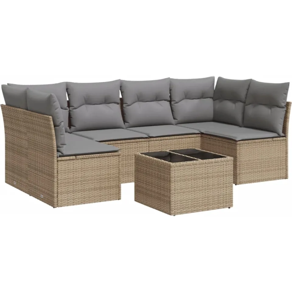 vidaXL 7-delige Loungeset met kussens poly rattan beige