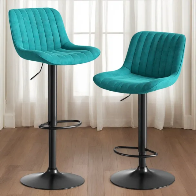 Wishdor Barkrukken Set Van 2 - Draaibaar En In Hoogte Verstelbaar - Ergonomische Rugleuning - Modern Ontwerp - Voor Keuken Of Bar - Fluwelen Bekleding Met Houten En Metalen Onderstel - Blauw - 87 Tot 109 Cm