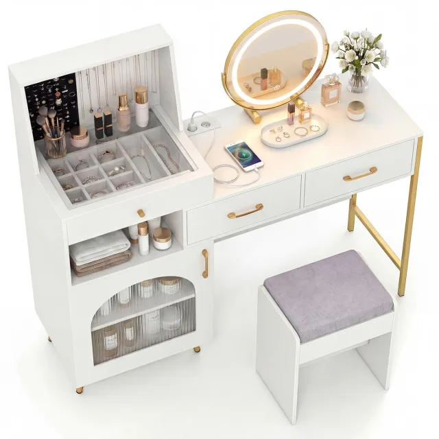 Costway Make-uptafel met LED-spiegel en kruk, Cosmetica-tafel met stopcontacten & laden, Kaptafel inclusief glazen tafelblad, 120 ringhouders & 10 kettinghaken, 136 x 43 x 127,5 cm Wit