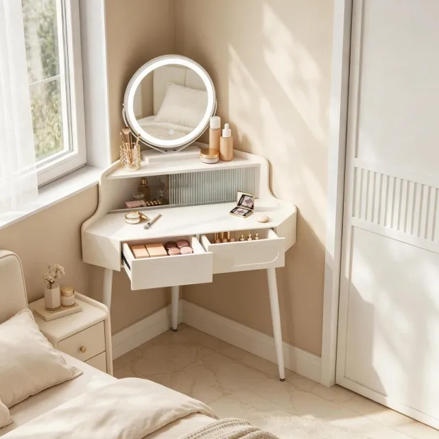 MIVRAY Kaptafel - Hoekdesign Met Dimbare Ronde Spiegel En 2 Lades - Ruimtebesparend Voor Kleine Slaapkamer - MDF En Wit - 99 x 139 x 63 Cm